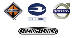 International, Blue Bird, Volvo, Freightliner Logos